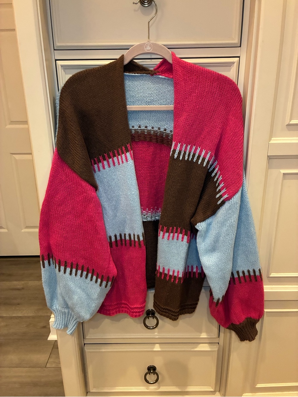 Colorblock Open-Front Women's Sweater Cardigan - Pink, Light Blue & Brown
